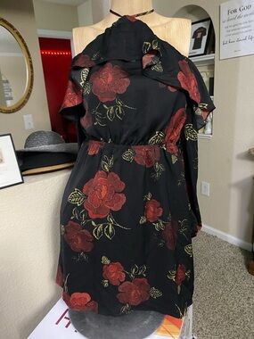 Black Floral Halter Dress with Red Roses